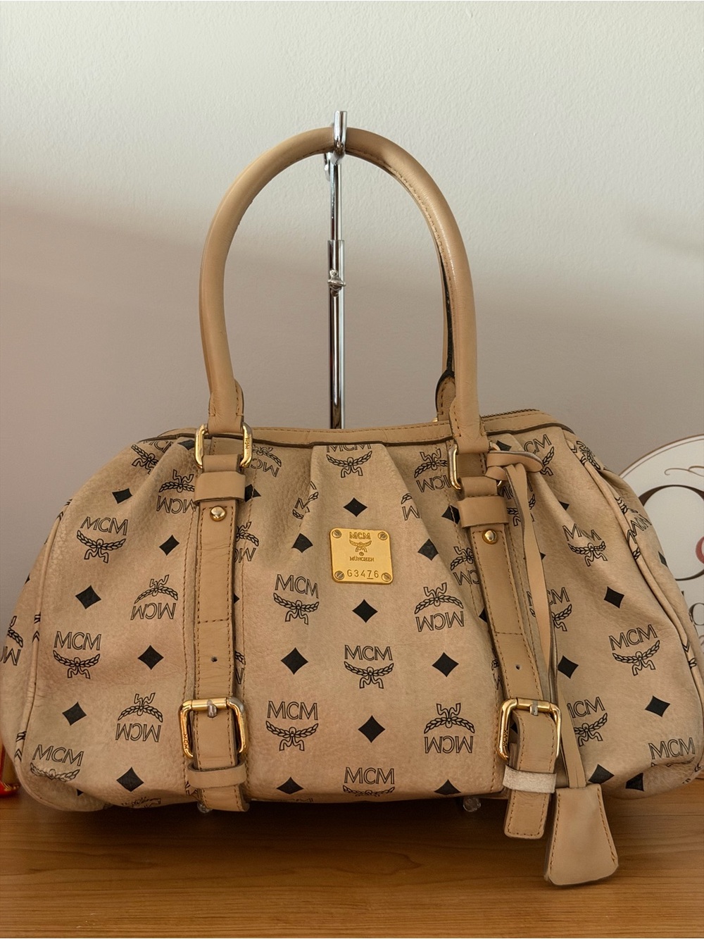 MCM Beige Visetos Canvas Logo Satchel with Gold Hardware with lock and keys